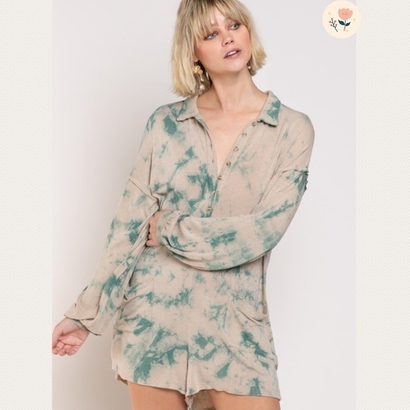 New! Faith Mocha/Teal Hand Dip Dye LS Romper - Picture 5 of 9